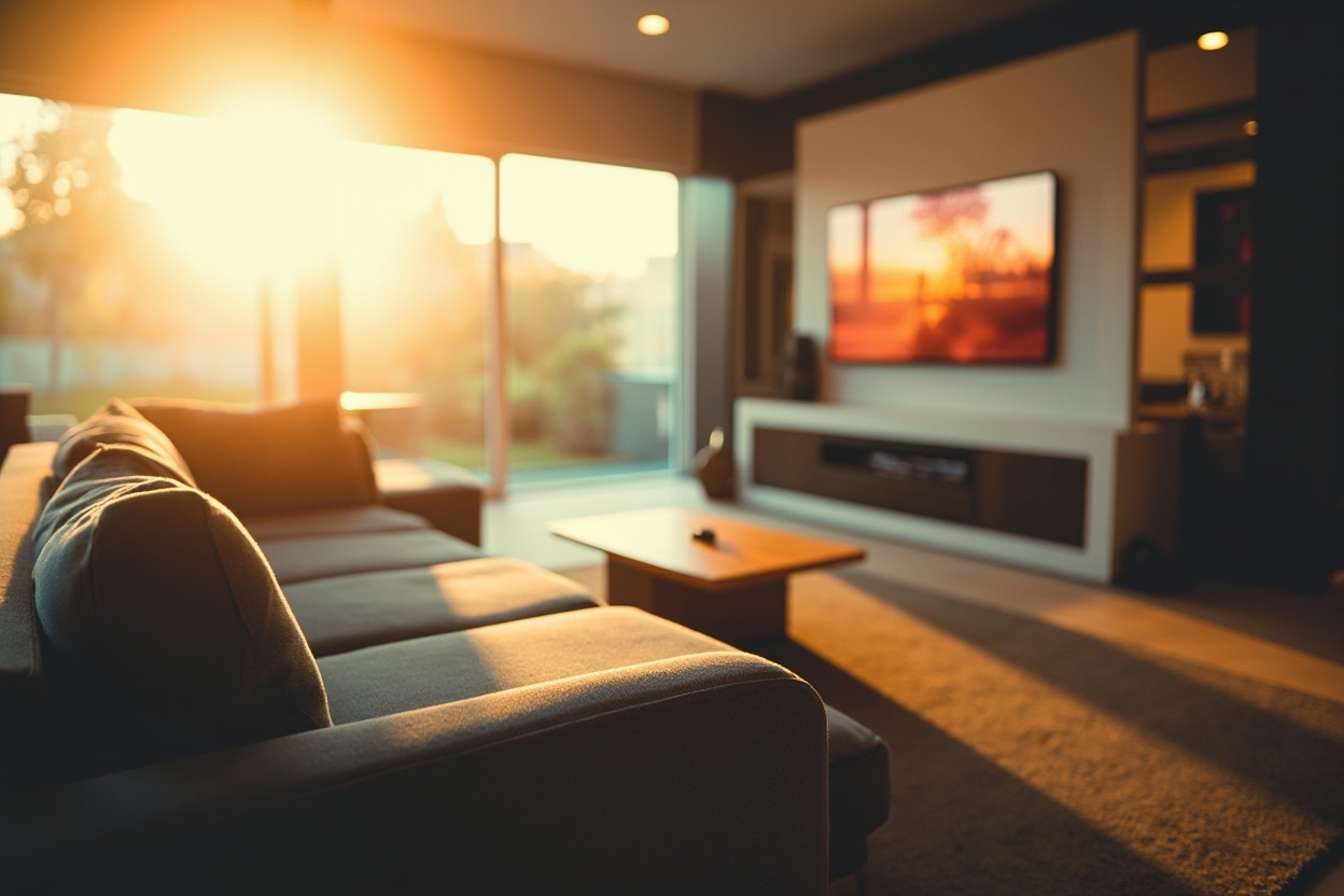 Modern living room showcasing IPTV streaming on a large screen TV.