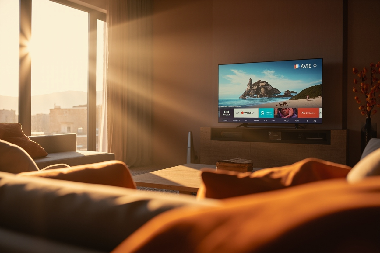 A modern living room setup showcasing IPTV streaming French and Swiss channels on a smart TV.