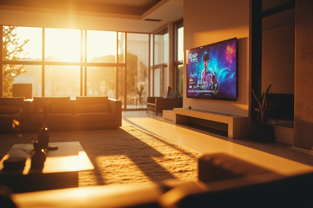 A modern living room showcasing IPTV streaming on a smart TV, illustrating the convenience of accessing French and Swiss channels.